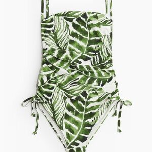 H&M Green and White One Piece Swimsuit with Tropical Leaf Print